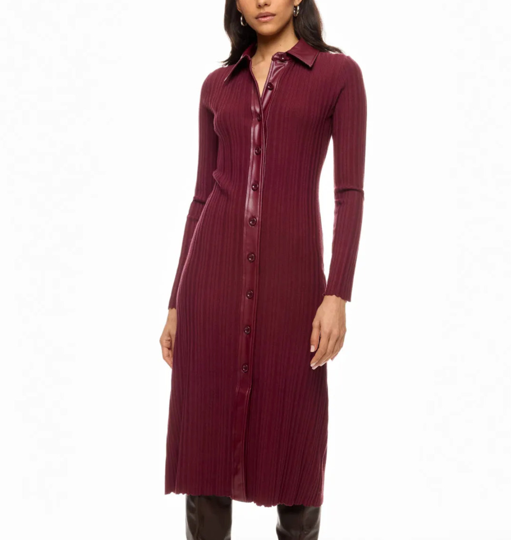 Toccin Burgundy Ribbed Knit Shirt Dress XS Midi Office Work Designer $525